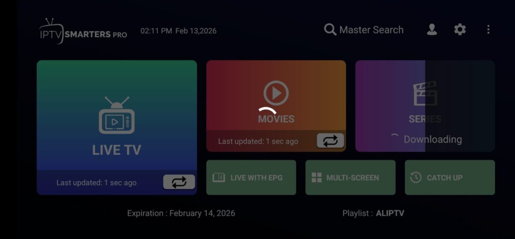 page home loading of iptv sparters pro app