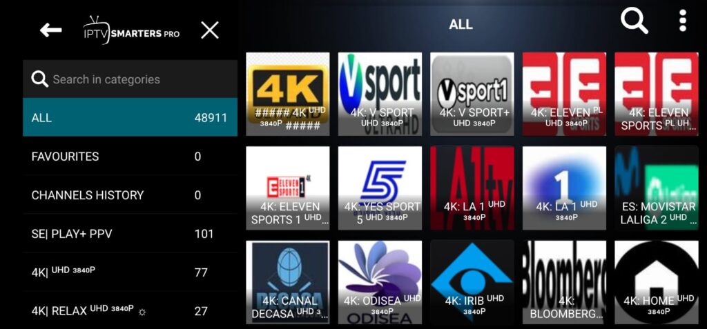 page all channels of iptv sparters pro app